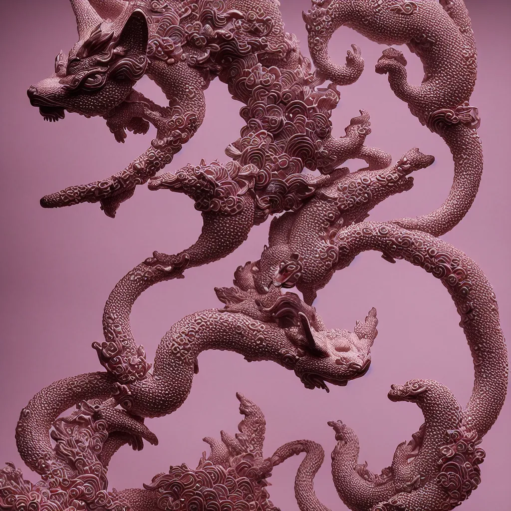 Image similar to A Close up photo-real delicate ceramic porcelain sculpture of an ornate detailed kitsune in front of a intricate background by Victo Ngai and takato yamamoto, micro detail, backlit lighting, subsurface scattering, translucent, thin porcelain, octane renderer, neon lights, hot Pink and Black, physically based rendering, japanese pottery, trending on cgsociety