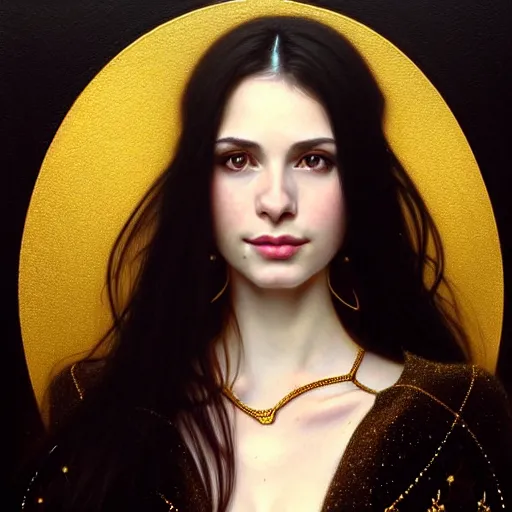 Image similar to portrait of a smiling, beautiful, pale skin eastern european female with long black hair, dark brown eyes, elegant clothing, photorealistic, highly detailed, artstation, smooth, sharp focus, gold ornaments, neon lighting, sci - fi, art by gustav klimt, artgerm, greg rutkowski and alphonse mucha