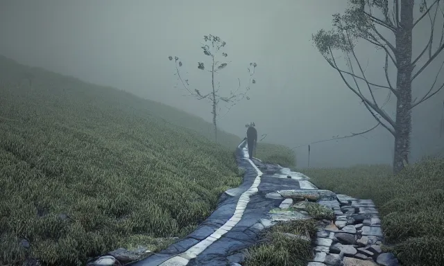 Image similar to a person holding a guide rod on a winding trail through mist. many paths can be seen on the mountain side, but none seem to connect. mist covers most of the scene | mystical and lost paths | iron rod | landscape | octane render | hd | unreal engine | intricate detail | lumious