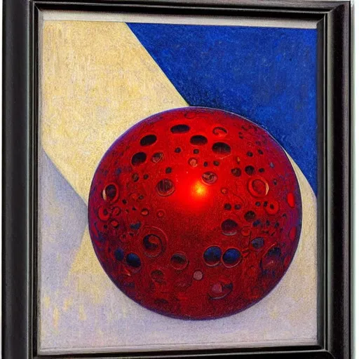 Prompt: chrome spheres on a red cube by jean delville