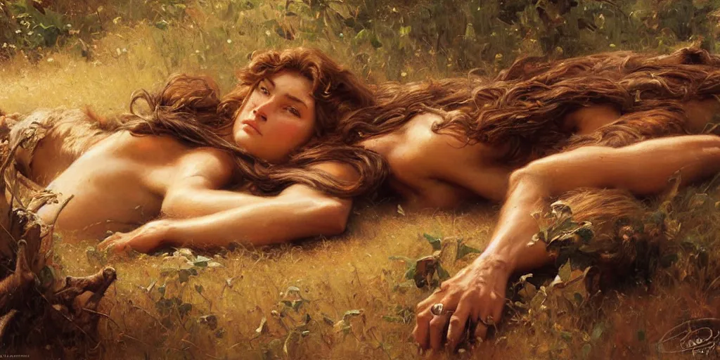 Prompt: an exhausted lion hunter girl. highly detailed painting by gaston bussiere, craig mullins, j. c. leyendecker 8 k