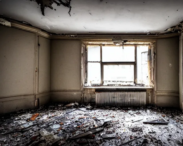 Image similar to Award winning photo of a living room of a flat abandoned 4 days ago, urban exploring, 4k, high quality