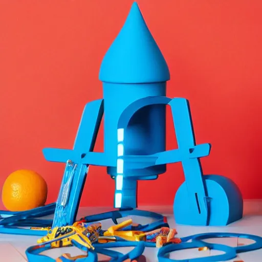 Image similar to blue goldberg machine containing a rocket and an orange