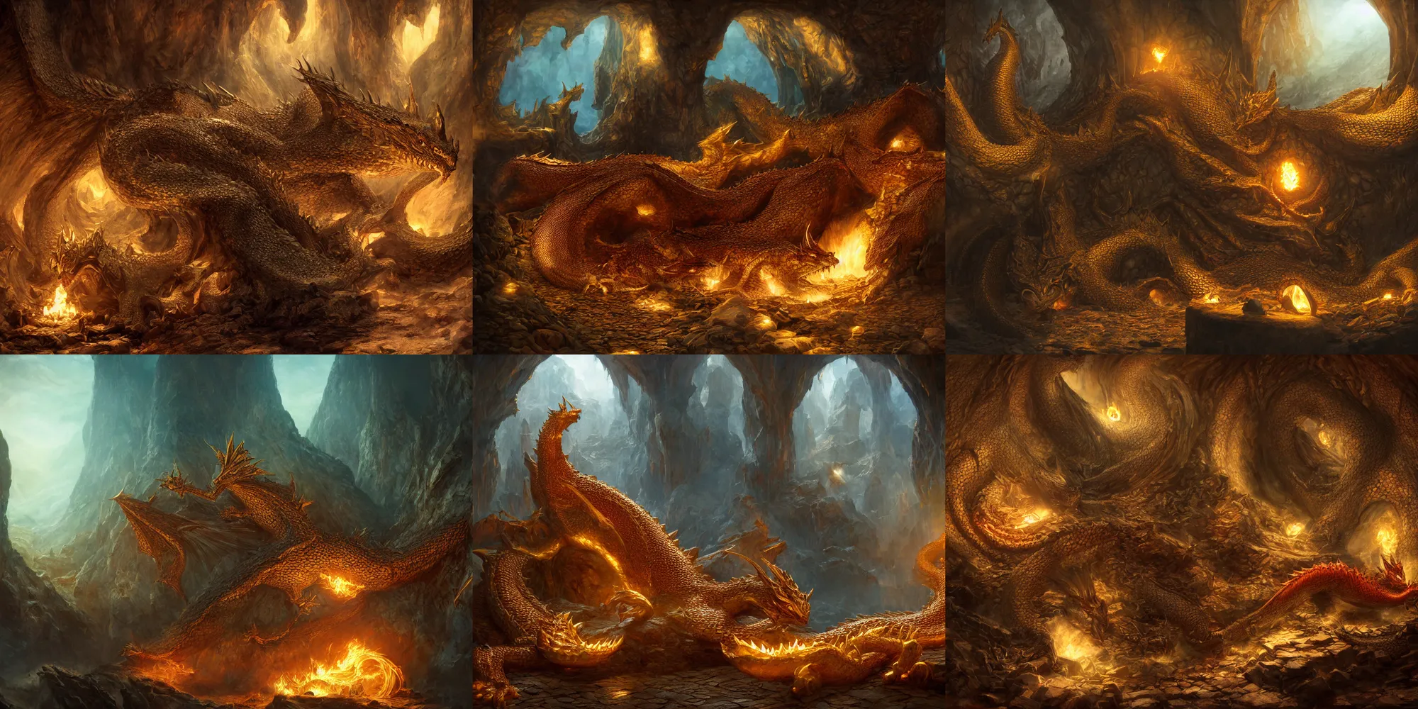 Prompt: Smaug the dragon resting covetously in his mountain lair on his haul of stolen gold and bright, shining jewels, tolkien, volumetric lighting, ray tracing, artstation, octane render, oil on canvas
