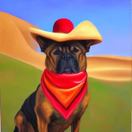 Image similar to Oil painting of a doge wearing a sombrero and a red neckerchief in the desert