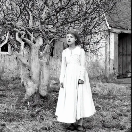 Image similar to a girl in a white cotton dress stands outside a decaying georgian farmhouse. an apple tree. folk horror