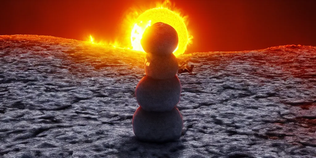 Image similar to a melted glowing snowman melting on top of the sun. the ground is made of fire and lava and is glowing orange. cinematic, dramatic, epic, volumetric lighting, atmospheric, red, orange extremely coherent, masterpiece, highly detailed, trending on artstation, 8 k, space, warm, solar flare, blade runner 2 0 4 9