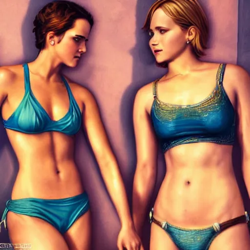 Image similar to highly detailed painting of emma watson and jennifer lawrence wearing a bikini standing close together, gta 5 cover art style, 8 k, radiant light, detailed and intricate environment, trending on artstation