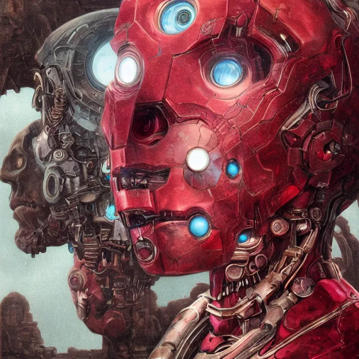 Prompt: portrait of a ruby Ultron from Age of Ultron, clockwork steampunk, head and chest only, by Beksinski, 4k, deviantart, trending on artstation