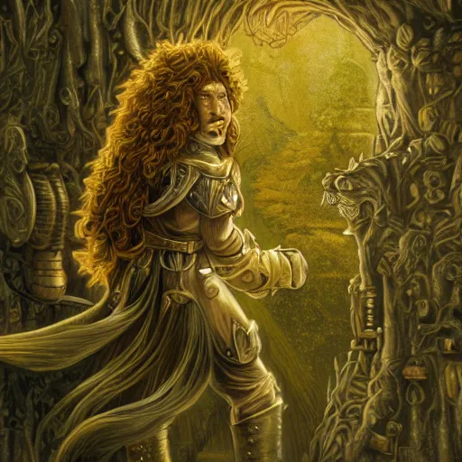 Image similar to detailed fantasy painting of steampunk Cowardly Lion from Wizard of Oz hiding from people in the Emerald City, 8k resolution