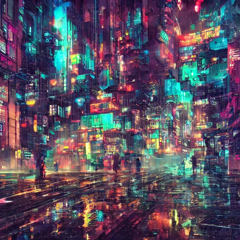 Image similar to A sad, melancholy cyberpunk city as seen through a rainy window, colorful, beautiful, striking, digital art