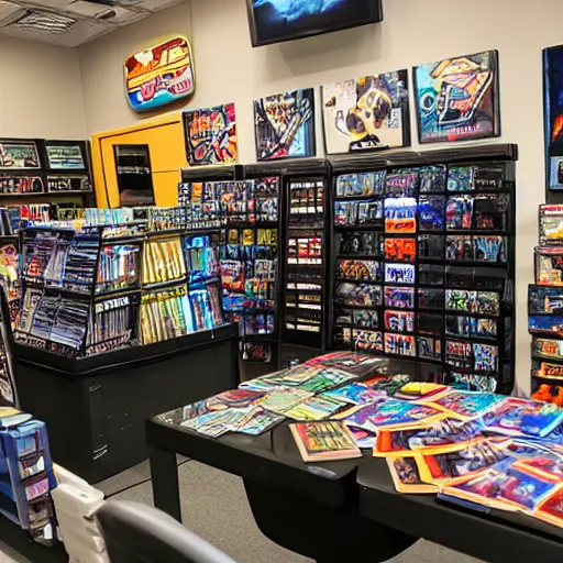 Prompt: trading card game store, nerdy, good vibes, friendly employees, good community, no colluding