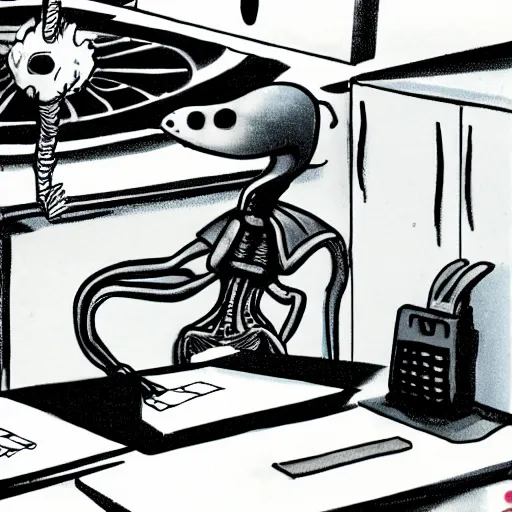 Image similar to alien working in an office, concept art