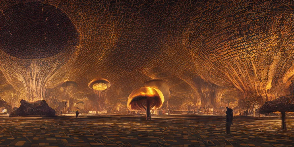 Image similar to Photorealistic exterior of Istiqlal mosque bulit in giant glowing mushroom underworld dark cave, with domes and arches, people and androids wearing traditional japanese clothing. photorealism, UHD, amazing depth, glowing, golden ratio, 3D octane cycle unreal engine 5, volumetric lighting, cinematic lighting, cgstation artstation concept art
