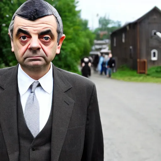 Image similar to a very serious amish rowan atkinson