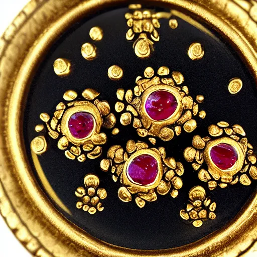 Image similar to 4 4 tiny rubies embedded in an engraved 1 8 k gold plate macro photo deviant realistic