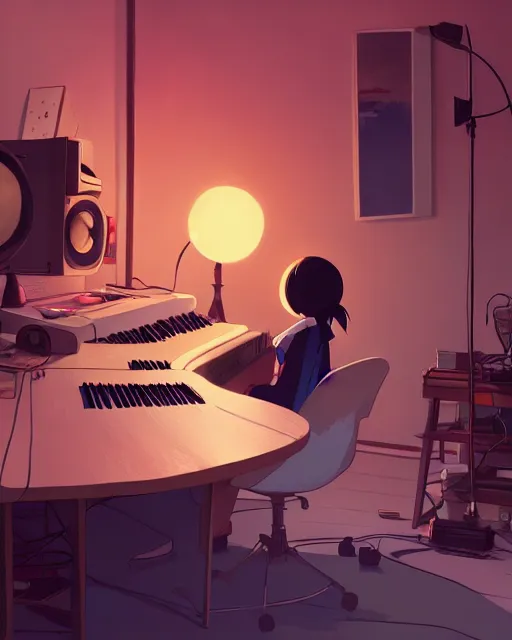 Image similar to producer making music late at night at his home studio, detailed, cory loftis, james gilleard, atey ghailan, makoto shinkai, goro fujita, studio ghibli, rim light, exquisite lighting, clear focus, very coherent, plain background, soft painting