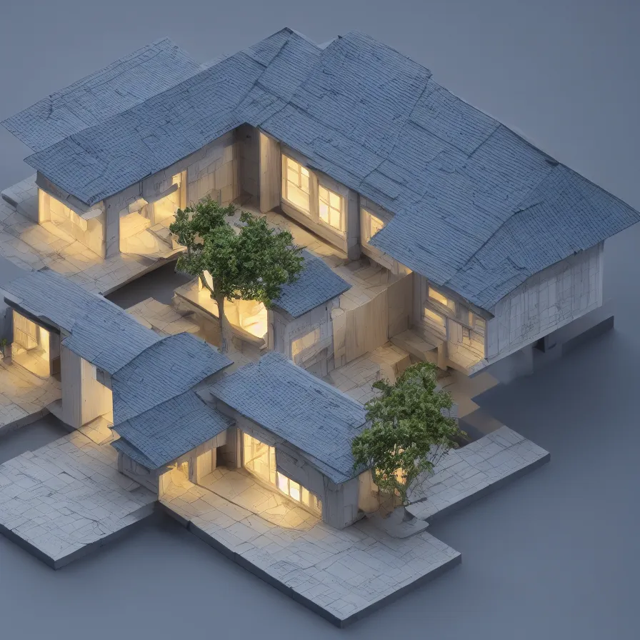 Image similar to architectural model, isometric view, 3 d render, studio lighting, wood and paper, low contrast, dark background, highly detailed, house, courtyard, tree, blue, mvrdv