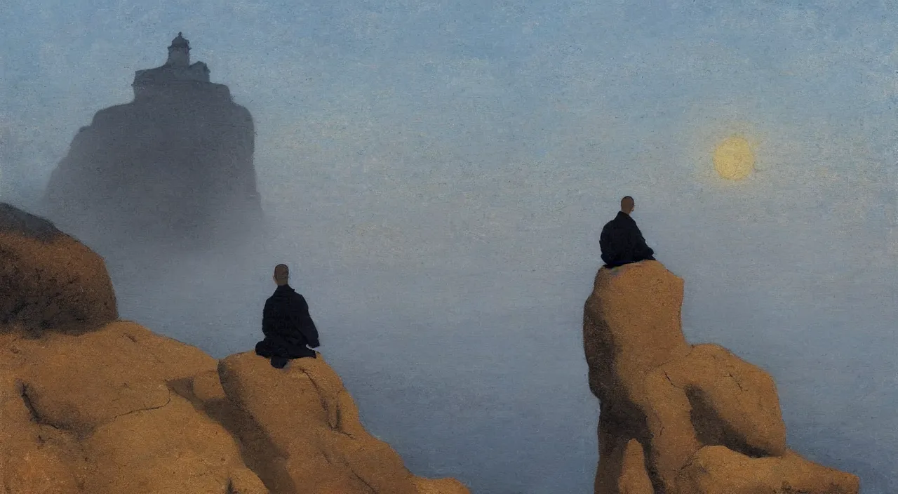 Image similar to isaac levitan painted style a lonely silhouette of a meditating monk sitting in the fog on a stone protruding from the water in the rays of the morning sun