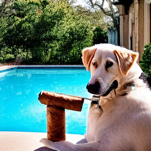 Image similar to a very detailed photo of a dog ( smoking a cigar ) outside the mansion by the pool