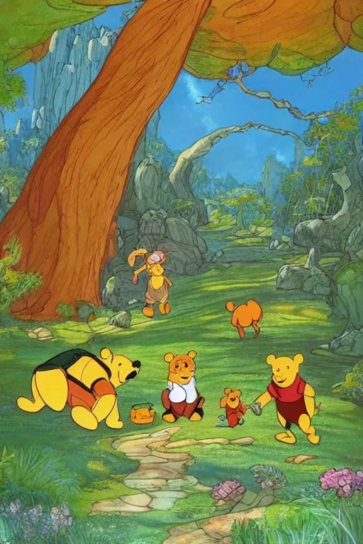 Prompt: “ a fusion of the many adventures of winnie the pooh background art and nausicaa of the valley of the wind background art ”