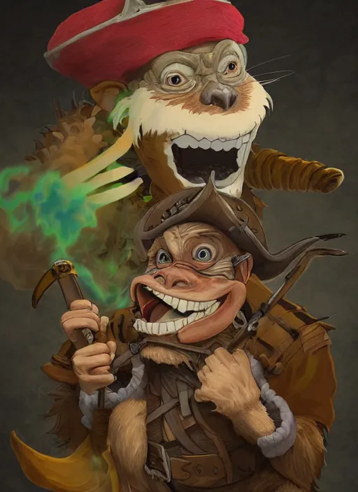 Image similar to studio ghibli pathfinder 2 e bestiary digital illustration of a goblin mixed with a monkey smoking a cigar, pirate themed, character portrait, unreal engine, hyper realism, realistic shading, cinematic composition, realistic render, octane render, detailed textures, studio lighting, photorealistic, wide shot
