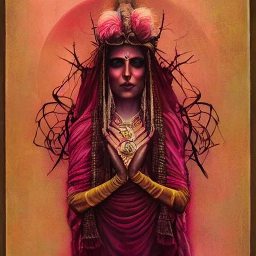 Prompt: old Indian majestic lady, looking upwards with hands clasped, despair, pink and gold, mystic, by Anato Finnstark, Tom Bagshaw, Brom