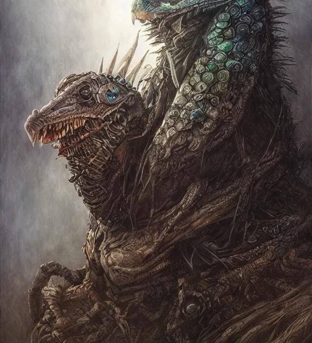 Image similar to hyper realistic portrait of postapocalyptic quetzalcoatl, cinematic, symmetric, dark crystal, artstation, cgsociety, alan lee, brian froud, jean baptiste monge, scott radke