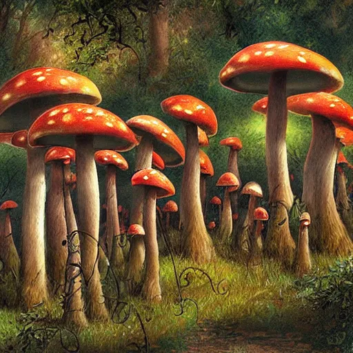 Image similar to mushroom forest drawn by ralph horsley, digital art, highly detailed, corrupted