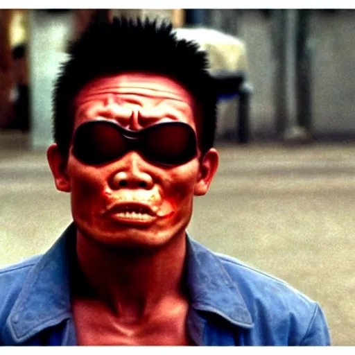 Prompt: crazy asian man in the role of terminator, film still