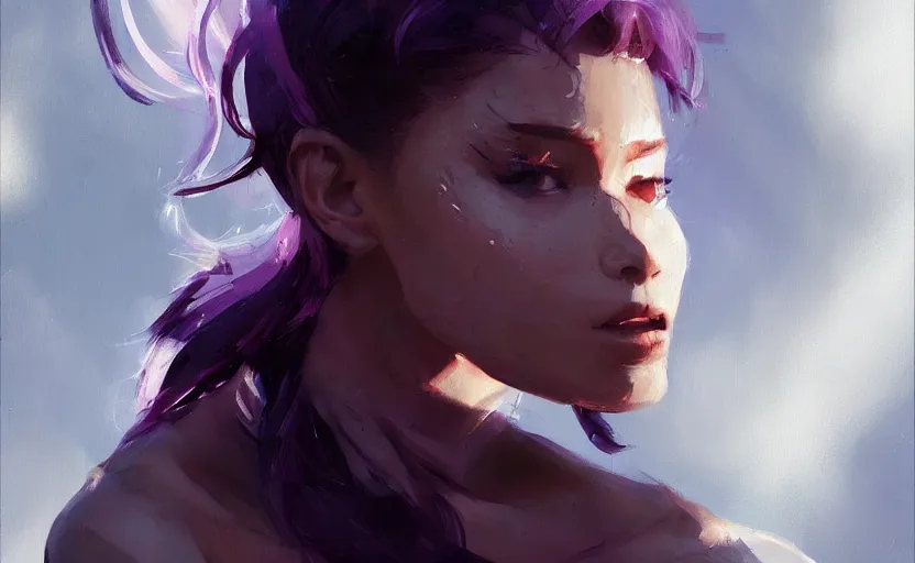 Image similar to a painting of swervy trending on artstation in the style of greg rutkowski, beautiful, sensual, natural skin, cat ears, purple eyes