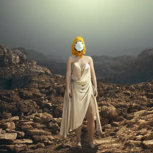 Prompt: The full body shot of beautiful pale woman with white flowers and full-face golden mask in a rocky desert landscape, smoke around her, volumetric lighting, multiple eyes and dry earth by Denis Villeneuve, Lubezki, Gaspar Noe and Christopher Doyle, anamorphic lens, anamorphic lens flares, kodakchrome, cinematic composition, practical effects, award winning photo, 8k