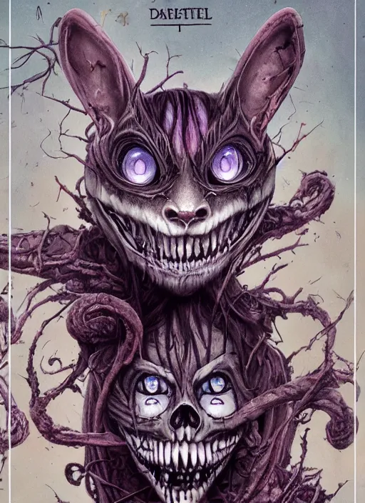 Prompt: Cheshire Cat Death Tarot card,highly detailed,half skull face,cinematic,8k,by Stanley Artgermm,Tom Bagshaw,Greg Rutkowski,Carne Griffiths, Ayami Kojima, Beksinski, Giger,trending on DeviantArt,hyper detailed,horror, full of colour