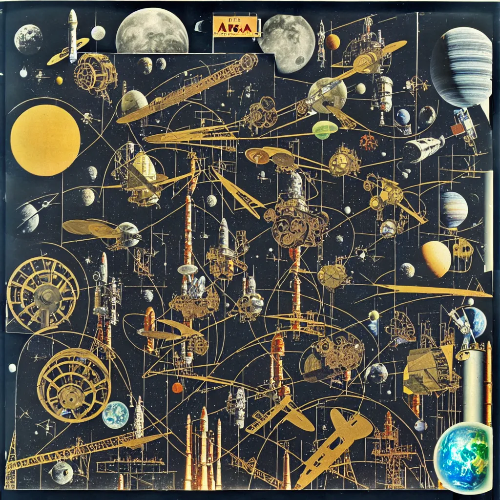 Image similar to 1950 magazine cut out collage of steam punk machinery for space exploration painted by max ernst, alfons maria much, 35 mm graflex,