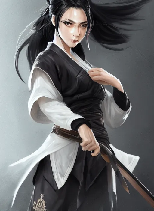 Image similar to a highly detailed illustration of fierce messy ponytail black haired one armed delinquent woman wearing japanese uniform cap wearing long white coat cape, dramatic wielding sword pose, muscular, intricate, elegant, highly detailed, centered, digital painting, artstation, concept art, smooth, sharp focus, league of legends concept art, wlop.