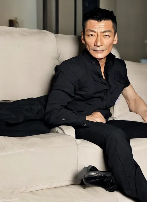 Image similar to hong kong star andy lau sits on the sofa and smokes