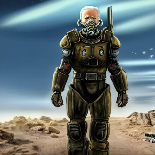 Image similar to professional portrait of Joe Biden wearing fallout power armor in a desert, 8k, cinematic,