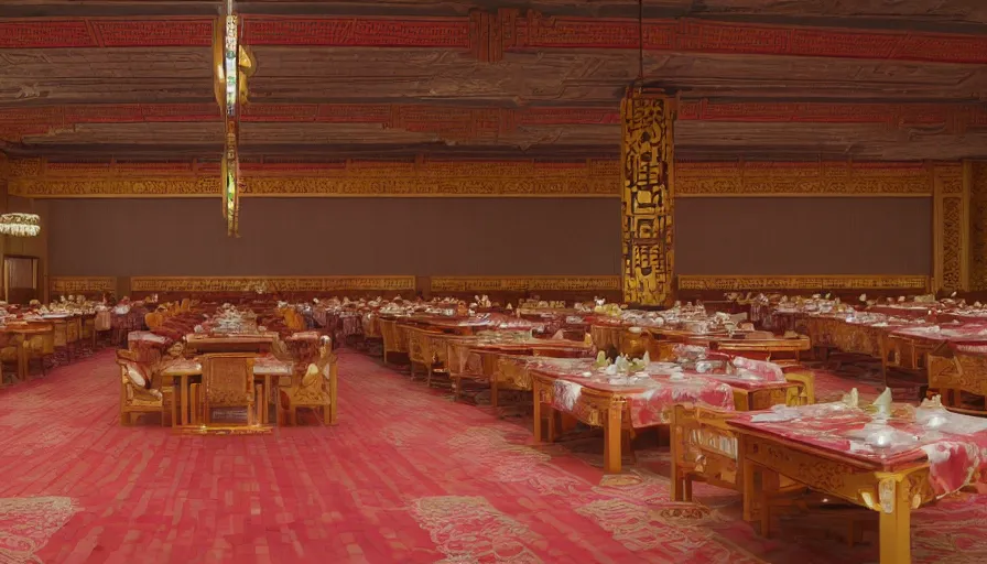 Prompt: 2010s movie still of empty north-korean royal restaurant palace, Leica SL2 50mm, high quality, higly detailed