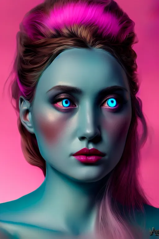 Image similar to hyperrealistic very detailed rococo profile of woman with pink eyes and jewel mouth matte painting concept art very dramatic dark teal lighting wide angle 35mm shallow depth of field 8k