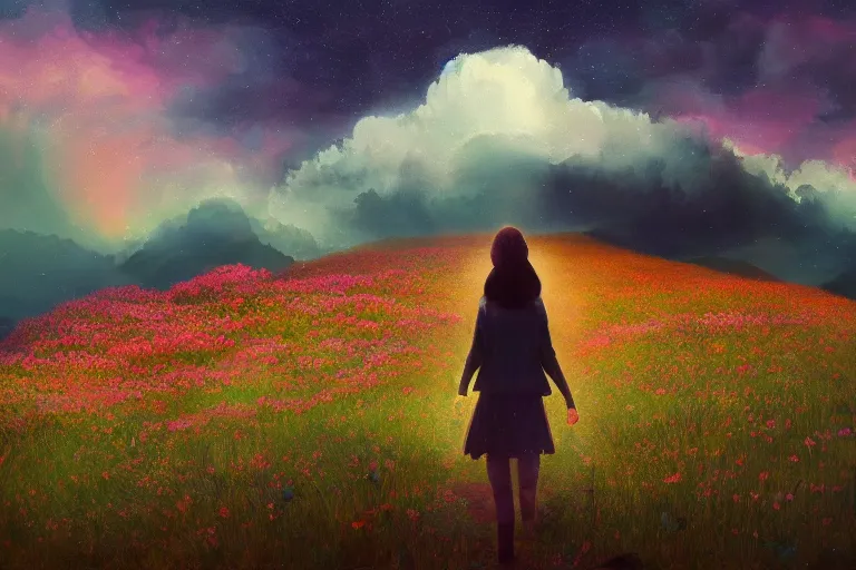 Image similar to giant dahlia flower as a head, girl walking on mountain, surreal photography, stars, dramatic light, impressionist painting, storm clouds, digital painting, artstation, simon stalenhag