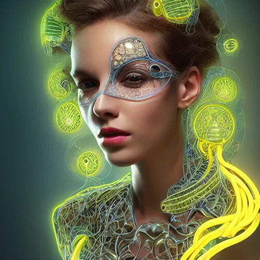 Image similar to very beautiful woman integrating with technology, full face frontal centered, portrait, insipiring, detailed intricate ornate cables connected to head, big open electric eyes, luxurious detailed abundent wiring and implants, diamonds, sci-fi, neon, emeralds, detailed technology full background, highly detailed, artstation, Rene Lalique and Eddie Mendoza and Gil Elvgren