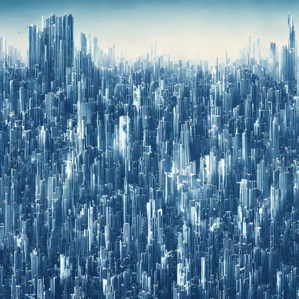 Image similar to ery clean material design poster with futuristic city on the horizon. buildings have reserford's atom on top