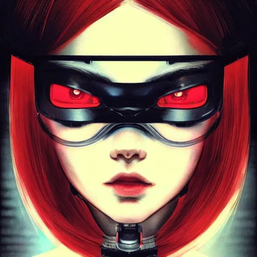 Image similar to A cyborg girl with big and cute eyes, fine-face, realistic shaded perfect face, fine details. red, black and white robotic parts. realistic shaded lighting poster by Ilya Kuvshinov katsuhiro otomo ghost-in-the-shell, magali villeneuve, artgerm, Jeremy Lipkin and Michael Garmash, Rob Rey and Kentarõ Miura style, trending on art station