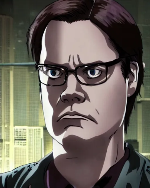 Image similar to a still of dwight schrute in ghost in the shell. anime style. highly detailed.