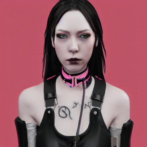 Image similar to detailed realistic female character cyberpunk wearing thick steel collar around neck, realistic, art, beautiful, 4K, collar, choker, collar around neck, punk, artstation, detailed, female, woman, choker, cyberpunk, neon, punk, collar, choker, collar around neck, thick collar, choker around neck, wearing choker, wearing collar,