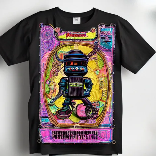 Image similar to mockup of a black tshirt with a hyperdetailed portrait of a steampunk robot by robert crumb, 8 k, symetrical, flourescent colors, happy trippy mood, multicolored,