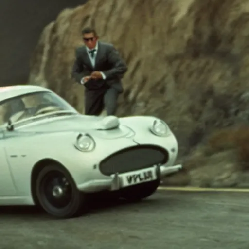 Prompt: man chased by a flying car, movie still of James bond, highly detailed