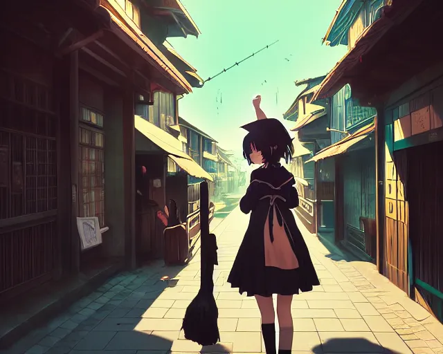 Image similar to key anime visual portrait of a young female witch walking through a busy village, ilya kuvshinov, dynamic pose, dynamic perspective, cinematic, dramatic lighting, muted colors, detailed silhouette, textured, anime proportions, kyoto animation, haibane renmei