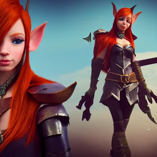 Image similar to beautiful redhead elf, clash royal style characters, unreal engine 5, octane render, detailed, cinematografic, cinema 4 d