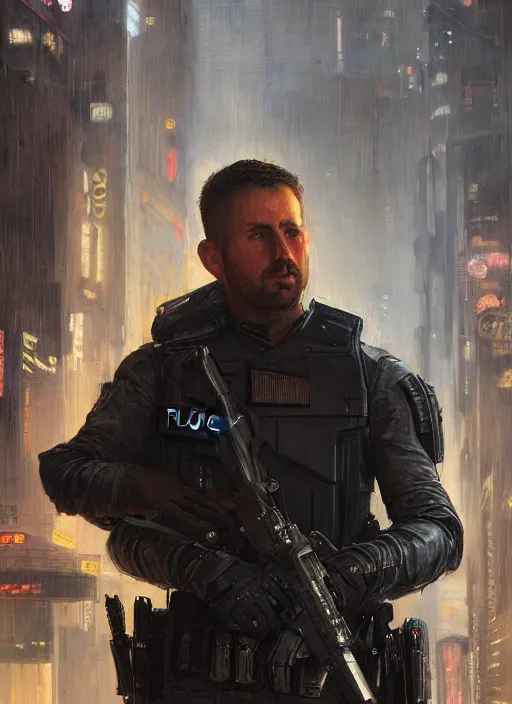 Image similar to 🦸🏼♀🧕🏾 cyberpunk police trooper in a military vest ( blade runner 2 0 4 9, cyberpunk 2 0 7 7 ). orientalist portrait by john william waterhouse and james gurney and theodore ralli and nasreddine dinet, oil on canvas. cinematic, hyper realism, realistic proportions, dramatic lighting, high detail 4 k